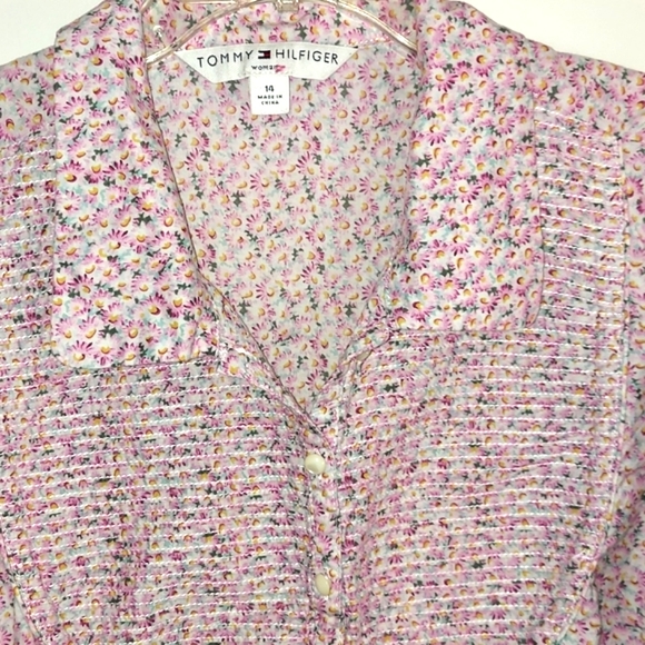 TOMMY HILFIGER Pink Floral Short Sleeve Floral Button down Blouse Top Sz 14 - Picture 7 of 8